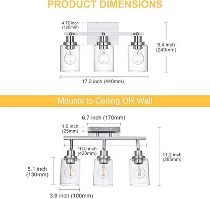 3-Light Track Lighting Kit Ceiling Kitchen Track Lighting Fixtures Chrome Bathroom Vanity Wall Lights with Clear Glass Multi-Directional Rotating Tracking Light Heads Spotlight for Accent Shop