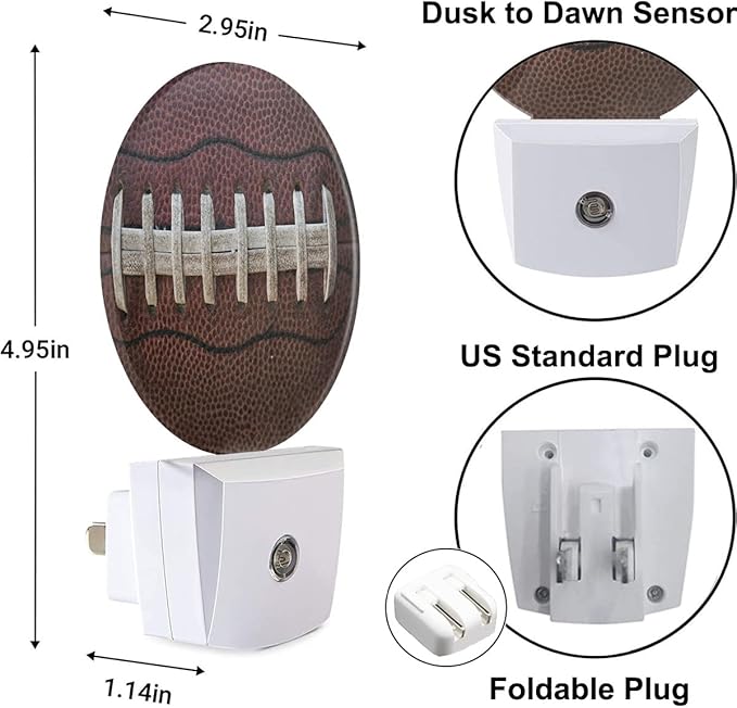 Night Lights Plug into Wall American Football Laces Close Up Night Light Dusk to Dawn Sensor LED Lighting for Bedroom Bathroom Living Room, 0.5W Sleep Friendly