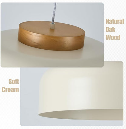 Modern Large Pendant Light, 17.7 inch,Cream Lampshade,Natural Wood,Simple Chandelier for Dining Room,Kitchen Table