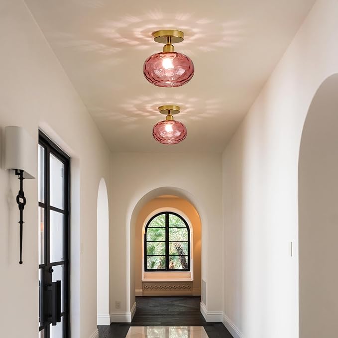 Luafac Red Glass Semi Flush Mount Ceiling Light - 7.9 Inch Hammered Art Deco Glass Small Hallway Light fixtures, Vintage Gold Flush Mount Ceiling Light for entryway Foyer Laundry Room Kitchen
