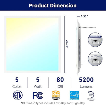 12Pack 2x2 LED Flat Panel Light LED Drop Ceiling Light Fixture, 5 CCT 3000K-6500K Adjustable & 5 Wattage 20-40W Selectable Recessed Back-Lit Fixture for Office, ETL Listed