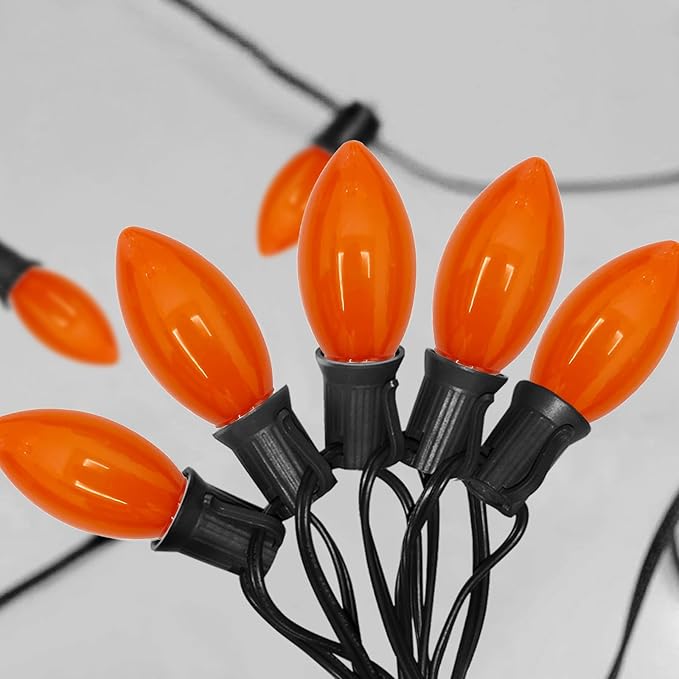 SUNSGNE C9 LED Halloween Orange String Lights 25FT Outdoor String Lights with 27 0.6W LED Plastic Bulbs(2 Spare) for Patio Garden Roofline Backyard Decorations, Black Wire