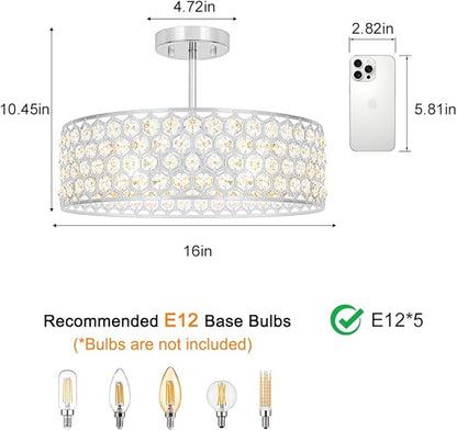 Lxybcce Chrome Crystal Ceiling Light Fixture - Modern Semi Flush Mount Ceiling Chandelier Lighting for Kitchen, Dazzling Prism Chandelier for Bedroom, Bathroom, Dining Room, 5 Light, 16 in