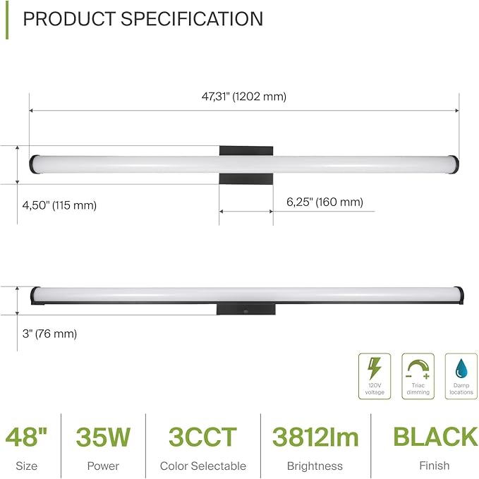 ASD 48" LED Linear Vanity Light Fixture, Modern Bathroom Sconce — 3 Color 3000K-5000K, Dimmable, 35W 3800LM, Energy Star & ETL Listed — Over Mirror Makeup Bar for Bedroom, Cabinets — Black, 4 Pack