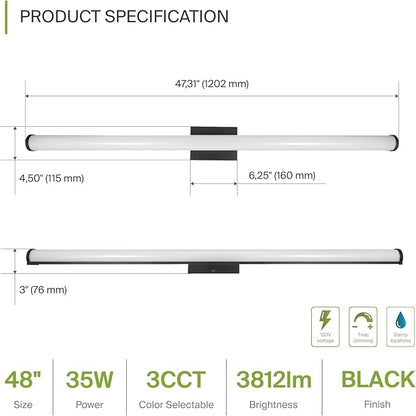 ASD 48" LED Linear Vanity Light Fixture, Modern Bathroom Sconce — 3 Color 3000K-5000K, Dimmable, 35W 3800LM, Energy Star & ETL Listed — Over Mirror Makeup Slim Bar for Bedroom, Cabinets — Black