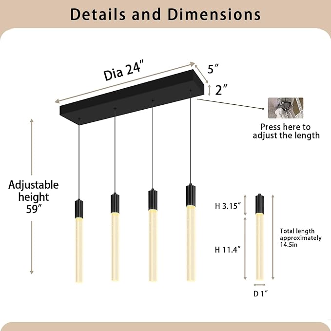 Bubble Crystal Column Chandelier, 4-Light Rectangular Black Crystal Chandelier, Dimmable Adjustable Height Luxury Pendant Light for Kitchen Island, Dining Room, Living Room