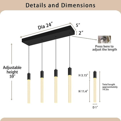Bubble Crystal Column Chandelier, 4-Light Rectangular Black Crystal Chandelier, Dimmable Adjustable Height Luxury Pendant Light for Kitchen Island, Dining Room, Living Room