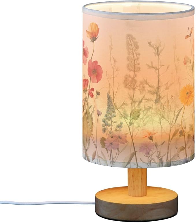 Bedside Table Lamp Retro Colorful Herbs Wild Florals Nightstand Lamp with Wood Desk Lamps for Bedroom Living Room Nursery Office Home Decor