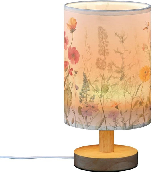 Bedside Table Lamp Retro Colorful Herbs Wild Florals Nightstand Lamp with Wood Desk Lamps for Bedroom Living Room Nursery Office Home Decor
