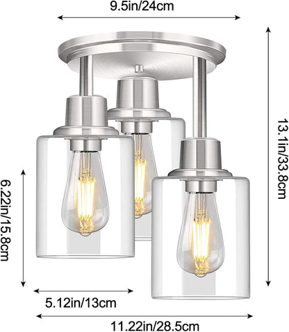 ROTTOGOON Semi Flush Mount Ceiling Light, 3 Light Close to Ceiling Light Fixtures, Brushed Nickel Finish Kitchen Light Fixtures with Clear Glass Shades, Modern Hallway Light Fixtures Ceiling Mount