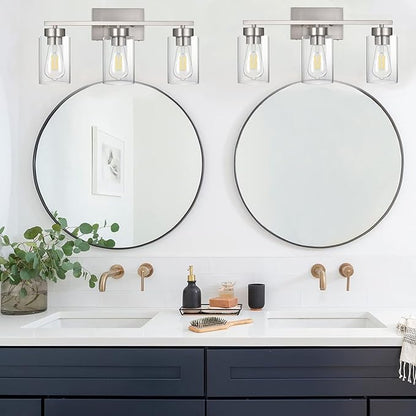 3-Light Bathroom Vanity Light, Modern Brushed Nickel Wall Lights with Clear Glass Shades, Bathroom Wall Sconce Lamp for Mirror Living Room Bedroom Hallway