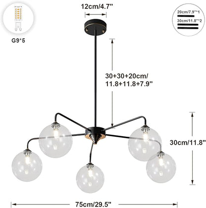 Mid Century Modern Sputnik Chandelier 5 Light Black Chandelier Clear Glass Globe Sputnik Chandelier for Dining Room Bedroom Kitchen