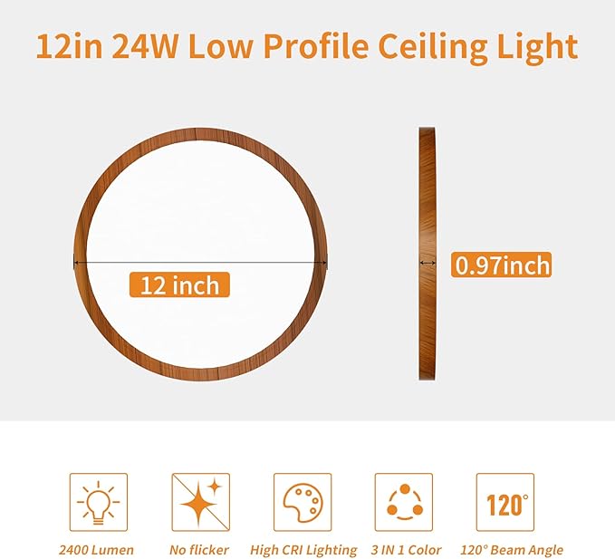 Light Fixtures Ceiling Mount: 12 Inch 24W Wood Grain 3CCT LED Ceiling Light 3000K-4000K-6000K Selectable Flat Round Lights for Bedroom Laundry Closet Hallway - Walnut Set of 2