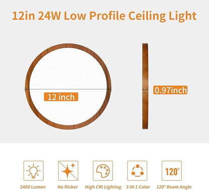 Light Fixtures Ceiling Mount: 12 Inch 24W Wood Grain 3CCT LED Ceiling Light 3000K-4000K-6000K Selectable Flat Round Lights for Bedroom Laundry Closet Hallway - Walnut Set of 2