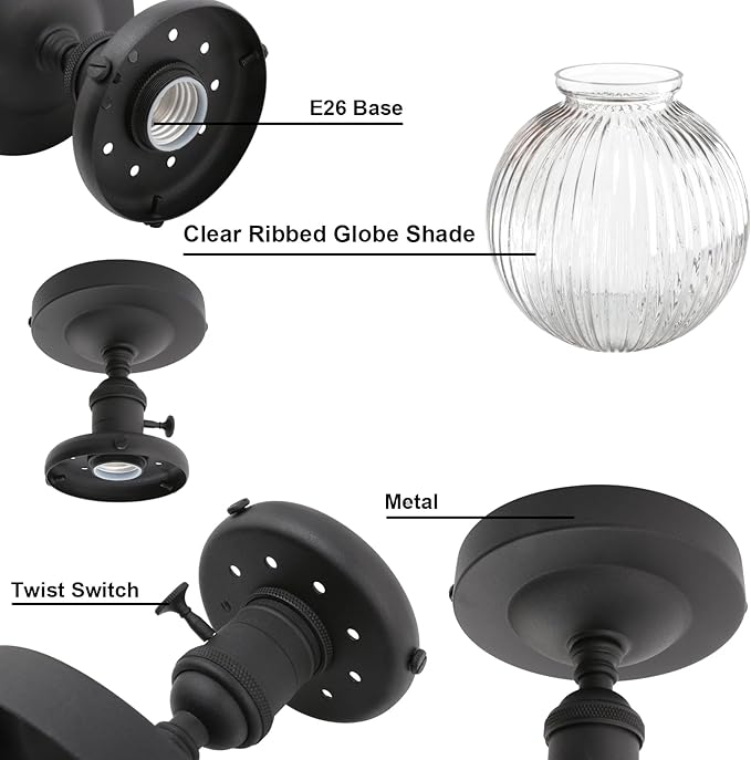 Yosoan 1-Light Indoor On Off Switch Hallway Ceiling Light, Modern Single Vintage Industrial Semi Flush Mounted with Retro Striped Round Shade for Kitchen Entry Bathroom Bedroom(Matte Black)