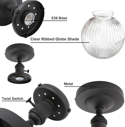 Yosoan 1-Light Indoor On Off Switch Hallway Ceiling Light, Modern Single Vintage Industrial Semi Flush Mounted with Retro Striped Round Shade for Kitchen Entry Bathroom Bedroom(Matte Black)