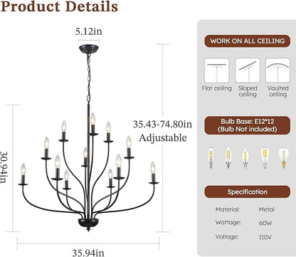 36" Black Farmhouse Chandelier for Dining Room, Modern Large Foyer Chandelier 12-Light Industrial Metal Candle Lighting Fixtures, Modern Farmhouse Chandeliers for Living Room Hallway Entryway E12