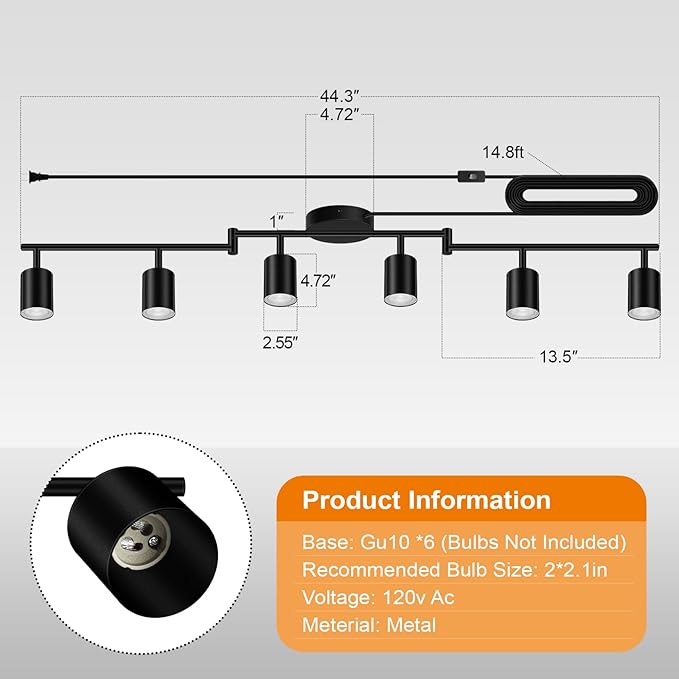 Plug in Track Lighting, LED Track Lighting Fixtures Ceiling, Black 6-Light Kitchen Light Kit, Plug in Wall Light with 14.8ft Power Cord, Rotatable Ceiling Spotlight for Bedroom(GU10 Socket, NO Bulb)