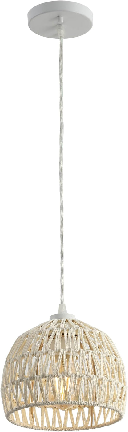 JONATHAN Y 8.25" Cream Modern Bohemian Woven Rope LED Pendant Light Fixture, Adjustable Dome Ceiling Lamp for Kitchen Island, Rope Shade, Coastal Farmhouse Decor (JYL6512C)