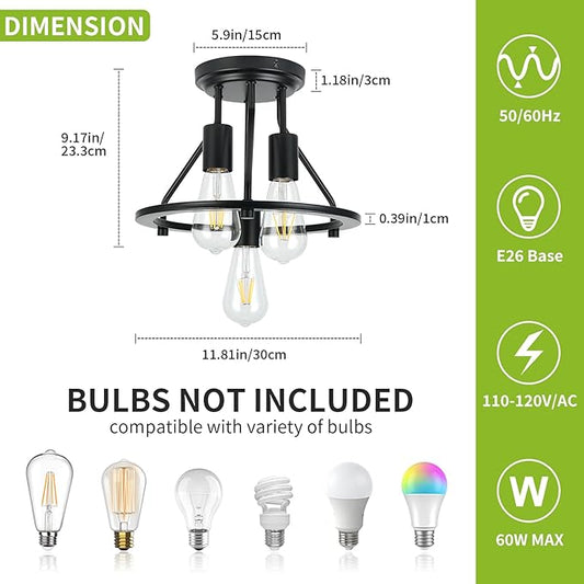 Semi Flush Mount Ceiling Light 3-Light Ceiling Light Fixtures - Black Hallway Light Fixtures Farmhouse Industrial Kitchen Light Fixtures E26 Socket Ceiling Lamp for Foyer