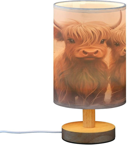 Bedside Table Lamp Highland Cow Nightstand Lamp with Wood Desk Lamps for Bedroom Living Room Nursery Office Home Decor