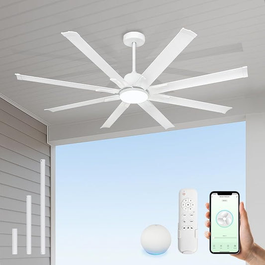 Minislak 72 Inch Ceiling Fan with Light,Industrial Ceiling Fan with 8 White Aluminum Blades,Smart Fan Compatible with Alexa,Garage Outdoor/Indoor Fan for Patio and Living Room