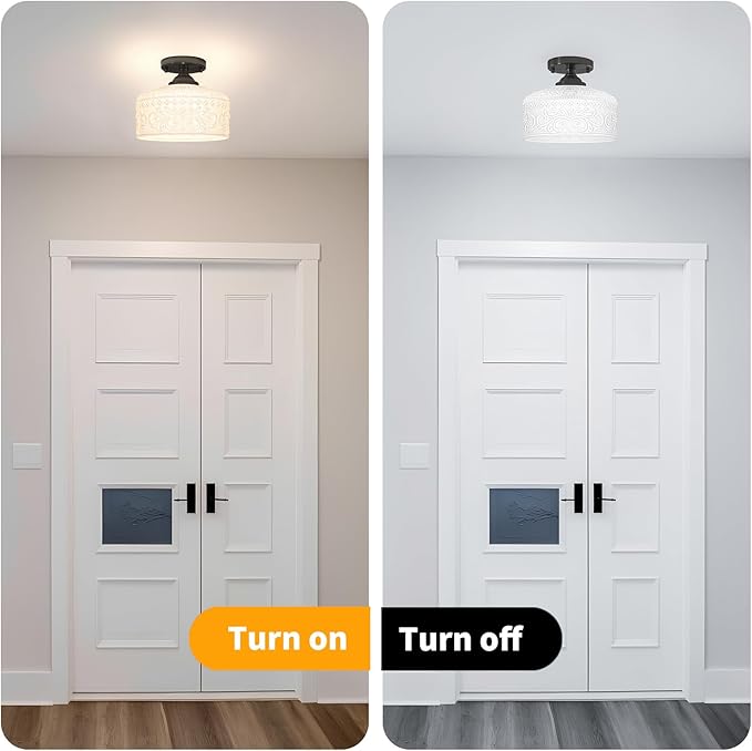 Daunton Artistic Black Handcrafted Semi Flush Mount Ceiling Light - 9.45 Inch Vintage White Glass Shade with Etched Patterns, Easy Install, Small Ceiling Light Fixture for Hallway, Kitchen, Bedroom