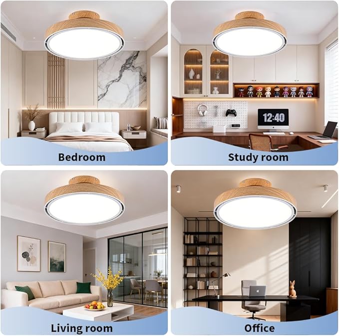 Bladeless Ceiling Fans with Lights and Remote, Flush Mount Modern Ceiling Fan with Light, 6 Speeds, Stepless dimming & 3000-6000K CCT LED Lights for Bedroom, Living Room (Light Walnut)