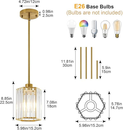 Gold Pendant Light Kitchen Island, Modern Crystal Kitchen Island Lighting, 1-Light Hexagonal Kitchen Hanging Lights for Island, Dining Room, Hallway, Foyer, Entryways