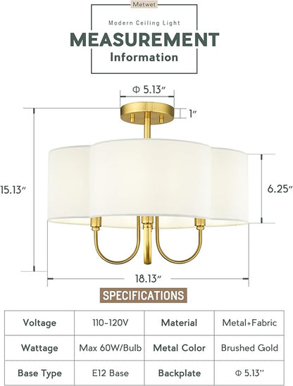 Gold Semi Flush Mount Ceiling Light, 18" 4-Light Light Fixtures Ceiling Mount with Fabric Shade in Quatrefoil for Kitchen Nursery Entryway Hallway Bedroom, SM179-BG-L