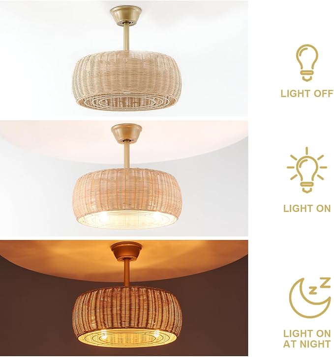 18.1" Rattan Caged Ceiling Fan with Lights 4-Light Beige Fandelier with Light Boho Bamboo Chandelier Fan with Light Reversible Motor, Remote Wicker Pendant Light with Fan for Bedroom Living Room