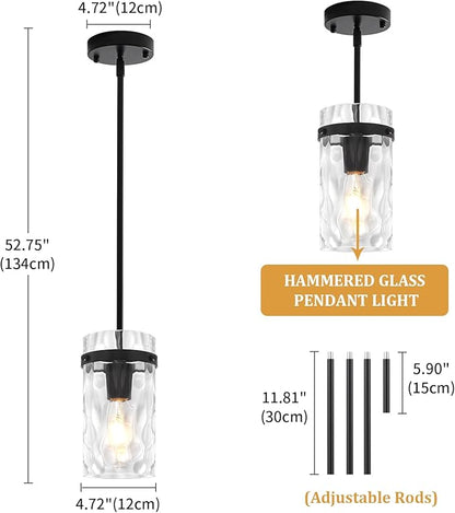 2 Pack Black Pendant Lights Kitchen Island, Modern Hammered Glass Pendant Lighting Over Island Hanging Kitchen Light Fixtures Hallway Ceiling Lights Adjustable Pendant Light for Dining Room Entryway