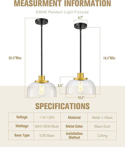 Emak Black and Gold Pendant Lights, 10 Inch Large Pendant Light Fixtures with Clear Glass Shade, Modern Farmhouse Island Lights for Kitchen, Dining Room, Bathroom, Bar, PL131-BKBGD-CG