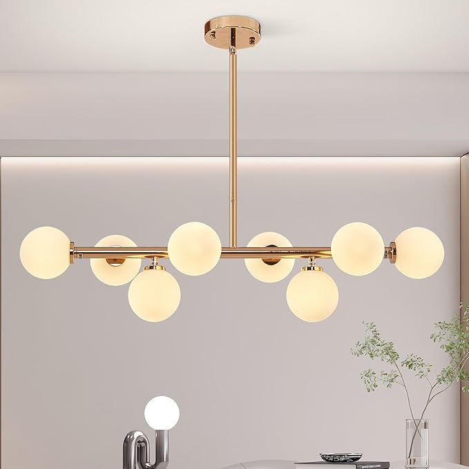 Grey Linear Chandelier, Modern Sputnik Ceiling Fixture with Adjustable Height & Dimmable Glass Shades for Dining Room, Office, Mid-Century Design