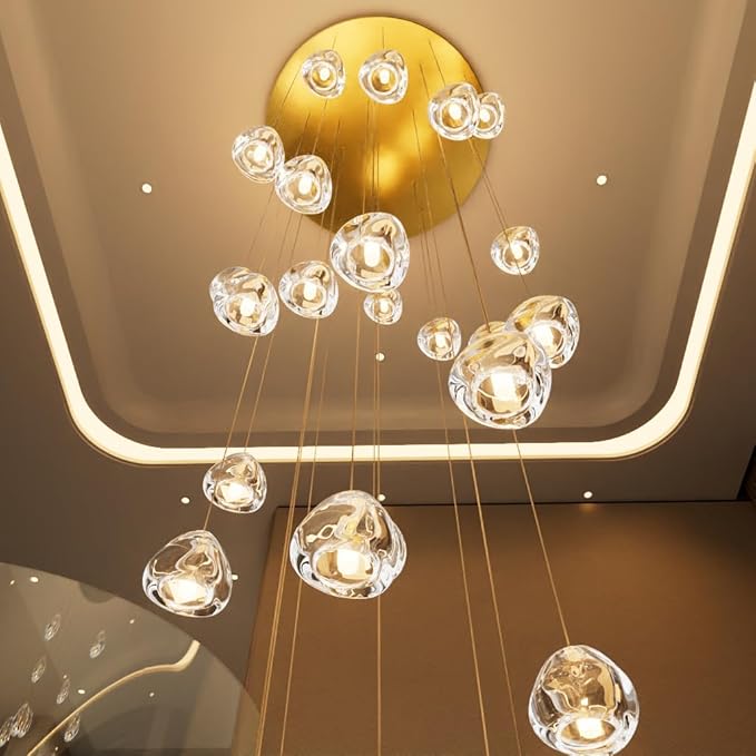 HAIXIANG Glam Chandelier with LED Dimmable Bulbs Bubble Crystal Balls Glam Chandeliers High Ceiling Pendants Light Fixtures Adjustable Long Lights Gold Light