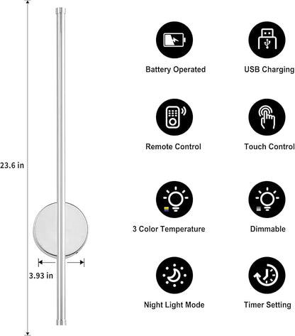 Battery Operated Modern Wall Sconces, Dimmable Wireless Wall Light Set of Two with Remote Control, 3 Color Temperatures, Rechargeable LED Wall Sconce for Bedroom, Living Room, Hallway 23.6 Inch Chrome
