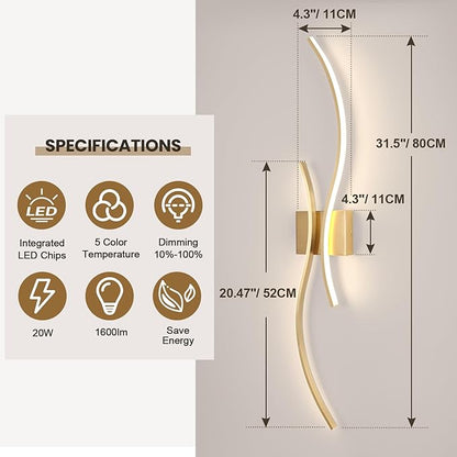 CANEOE Modern Wall Sconce Set of, 5CCT Dimmable Indoor Led Wall Sconce Lighting Set of 2, 31.5 Inch Wall Light Fixtures, Gold Led Wall Lamps for Living Room Bedroom Bathroom Hallway