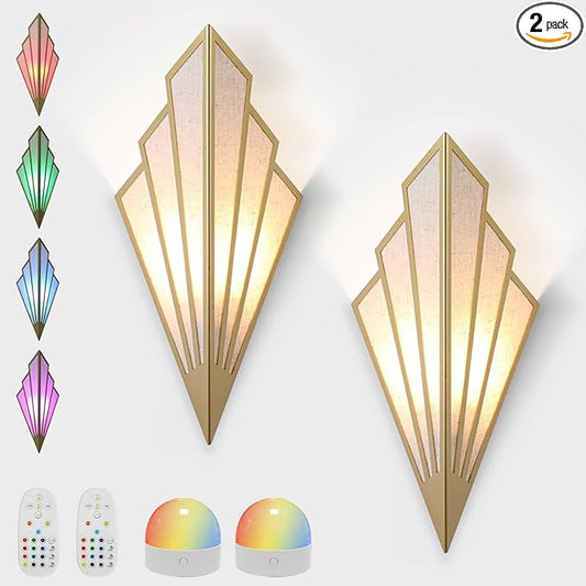 Modern Battery Operated Wall Sconces Set of Two, Simple Creative Wall Lamp Art Deco Lighting Fixture with Remote Control, RGB Dimmable Led Wall Light for Bedside Bedroom Living Room (Gold)