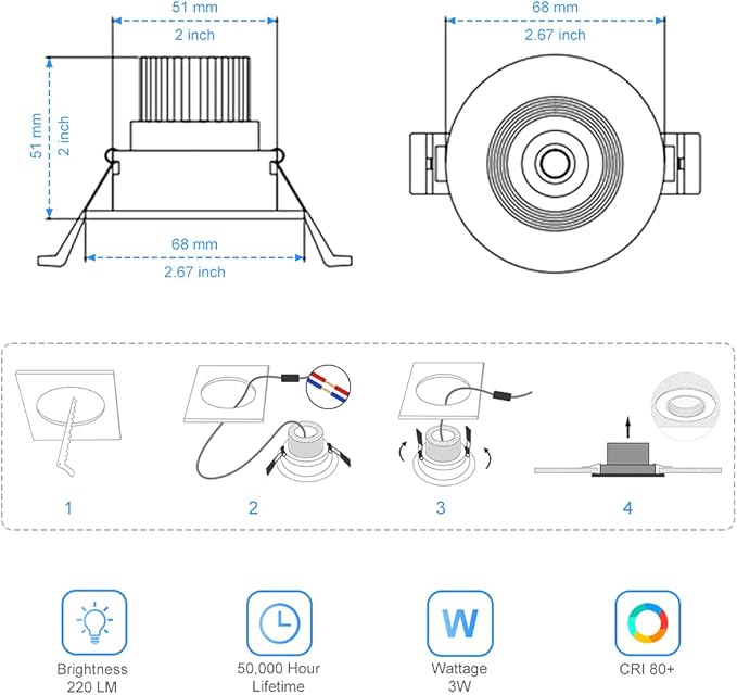 2Inch LED Recessed Ceiling Light, 3W Dimmable LED Downlight, 60 Beam Angle COB Recessed Lights with Driver, Daylight White 5500K, 25W Halogen Bulbs Equivalent for Ceiling Lighting, 10Pack