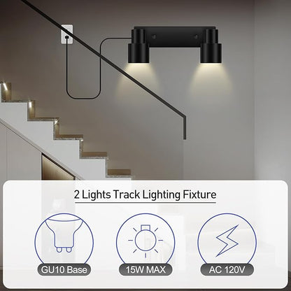 Plug in Track Lighting Fixtures Ceiling, Black Track Light LED, 2-Light Plug in Wall Lights with Cord, 2 Way Ceiling Spotlight, Rocker Switch, Rotatable Spotlight for Bedroom, Bulb Not Included