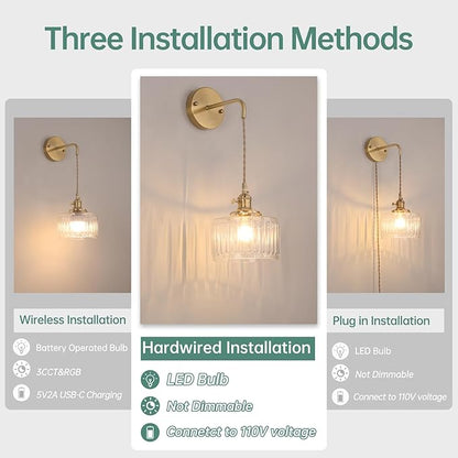 Shenmoyl Vintage Wall Sconce Wall Lamp with Clear Striped Shade Pattern Glass Adjustable Chain Retro Gold Wall Mounted Light, Modern Wall Lamp Fixtures Decor for Bedside Bedroom Indoor Doorway