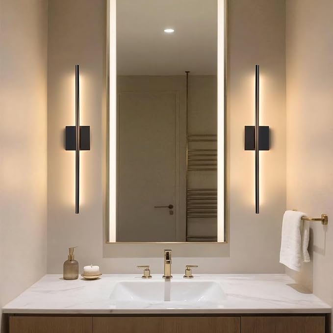 Rechargable Wall Sconce Set of Two, Modern Wireless Living Room Wall Decor Lights with Remote, 28.35Inch Dimmable Indoor Home Decor Lights for Bedroom, Living Room, Hallway (Black/Square)