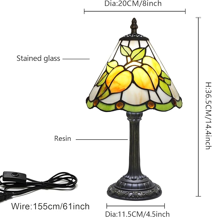 Tiffany Style 8 Inch Apricot Stained Glass Table Lamp,Handmade Accent Lamp with Resin Base Retro Night Light for Bedroom, Office Living Room,Restaurant Farmhouse Decor Ambient Lighting