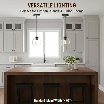 Pendant Light – 7 Inch Modern Hanging Fixture with Clear Glass Globe & Matte Black Finish, Adjustable Iron Rods & Sloped Ceiling Compatible for Kitchen Island Dining Room Bedroom Hallway, 2 Pack