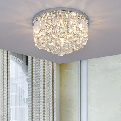 Modern K9 Crystal Raindrop Chandelier Lighting, Flush Mount G9 Base Ceiling Light Fixture Pendant Lamp for Dining Room Bedroom Livingroom Required Height 11''x Width 16''(Chrome)