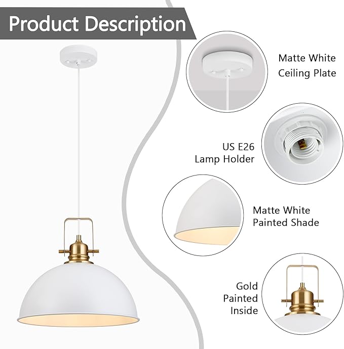 Farmhouse Pendant Light, 13.8" White Pendant Light Kitchen Island with Adjustable Cord, Vintage Dome Hanging Lights for Dining Room Cafe Bar Hallway Worktops, M, 2 Pack
