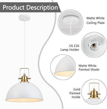 Farmhouse Pendant Light, 13.8" White Pendant Light Kitchen Island with Adjustable Cord, Vintage Dome Hanging Lights for Dining Room Cafe Bar Hallway Worktops, M, 2 Pack