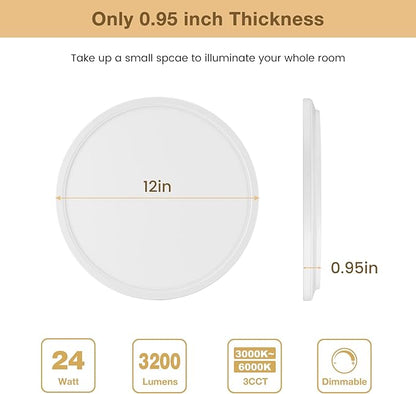 LED Flush Mount Ceiling Lights Dimmable 12Inch 3200LM 24Watt, 3000K 4500K 6000K, Low Profile Surface Mount Super Slim Light Fixtures, Thin Flat LED Panel Lights for Bedroom Bathroom Hallway, 4 Packs