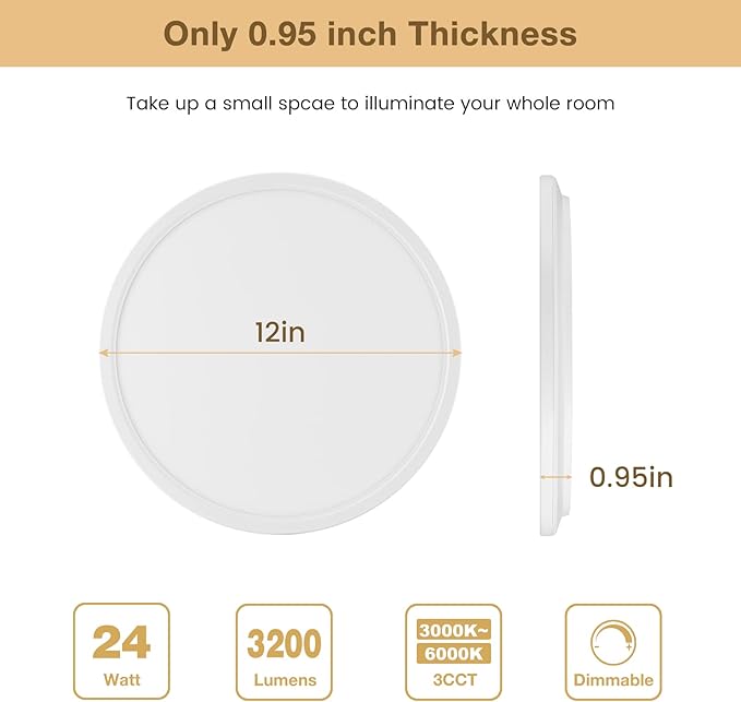 Super Slim 3200LM 12Inch LED Ceiling Lights Flush Mount, Dimmable 3000K 4500K 6000K CCT, Low Profile Surface Mount Light Fixtures, 24W Thin Flat LED Panel Lights for Bedroom Bathroom Kitchen, 2 Packs