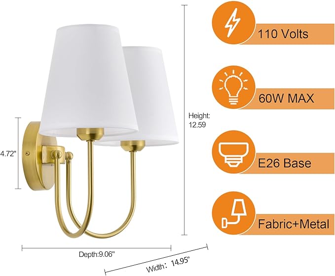 Hardwired White Fabric 2 Light Wall Sconce Double Headed Cloth Shade Fixture for Bedroom, Bathroom & Hallway (Direct Wire)